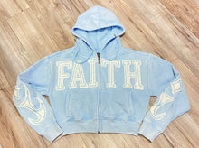 Load image into Gallery viewer, REDFOX RHINESTONE "FAITH" CROP HOODIE/STACKED FLEECE PANTS SET (LT BLUE)