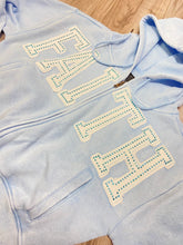 Load image into Gallery viewer, REDFOX RHINESTONE "FAITH" CROP HOODIE/STACKED FLEECE PANTS SET (LT BLUE)