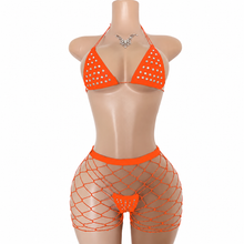 Load image into Gallery viewer, WOMEN'S 3PC RHINESTONE FLOSS BIKINI &amp; LARGE DIAMOND FISHNET SHORTS