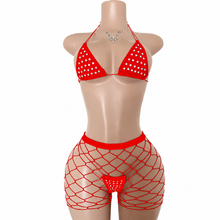 Load image into Gallery viewer, WOMEN'S 3PC RHINESTONE FLOSS BIKINI &amp; LARGE DIAMOND FISHNET SHORTS