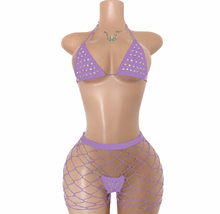 Load image into Gallery viewer, WOMEN'S 3PC RHINESTONE FLOSS BIKINI &amp; LARGE DIAMOND FISHNET SHORTS