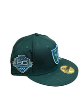 Load image into Gallery viewer, Las Vegas Raiders New Era 50th Anniversary Custom Authentic 59Fifty (Dk Green/Sky Blue)