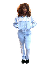 Load image into Gallery viewer, REDFOX RHINESTONE "EXCLUSIVE" CROP HOODIE/STACKED FLEECE PANTS SET (LT BLUE)