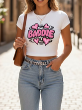 Load image into Gallery viewer, WOMEN'S "BADDIE" WHITE GRAPHIC CROP TOP