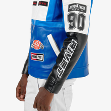Load image into Gallery viewer, COPPER RIVET WHITE / BLUE MOTO RACING PU LEATHER JACKET