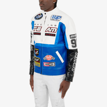 Load image into Gallery viewer, COPPER RIVET WHITE / BLUE MOTO RACING PU LEATHER JACKET