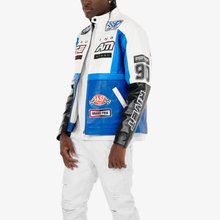 Load image into Gallery viewer, COPPER RIVET WHITE / BLUE MOTO RACING PU LEATHER JACKET