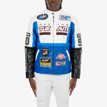 Load image into Gallery viewer, COPPER RIVET WHITE / BLUE MOTO RACING PU LEATHER JACKET