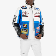 Load image into Gallery viewer, COPPER RIVET WHITE / BLUE MOTO RACING PU LEATHER JACKET