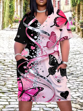 Load image into Gallery viewer, WOMEN'S PLUS SIZE PINK AND BLACK BUTTERFLIES DRESS