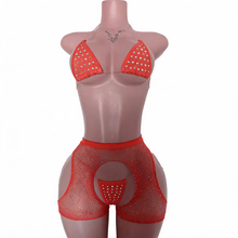 Load image into Gallery viewer, 3PC RHINESTONE FLOSS BIKINI &amp; RHINESTONE SMALL DIAMOND FISHNET SHORTS