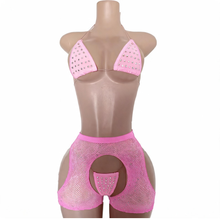 Load image into Gallery viewer, 3PC RHINESTONE FLOSS BIKINI &amp; RHINESTONE SMALL DIAMOND FISHNET SHORTS