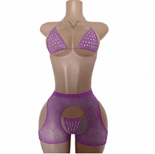 Load image into Gallery viewer, 3PC RHINESTONE FLOSS BIKINI &amp; RHINESTONE SMALL DIAMOND FISHNET SHORTS