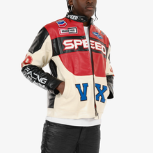Load image into Gallery viewer, COPPER RIVET BLACK / RED MOTO RACING PU LEATHER JACKET