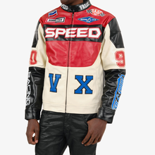 Load image into Gallery viewer, COPPER RIVET BLACK / RED MOTO RACING PU LEATHER JACKET