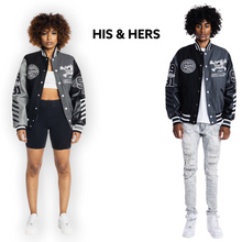 Load image into Gallery viewer, SMOKE RISE EMBROIDERY FASHION MELTON VARSITY JACKET (GREY)