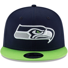 Load image into Gallery viewer, Seattle Seahawks New Era 2-Tone 9FIFTY Snapback Hat - College Navy/Neon Green