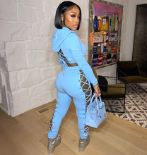 Load image into Gallery viewer, Women's Hollow Out Hoodie Crop w/ Jogger Set (Blue) IN STORE NOW !