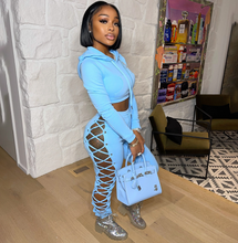 Load image into Gallery viewer, Women's Hollow Out Hoodie Crop w/ Jogger Set (Blue) IN STORE NOW !