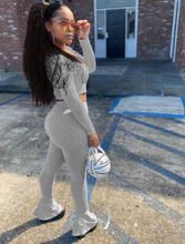 Load image into Gallery viewer, Women's Long Sleeve Crop Top and Flare Pants 2 Piece Set (Grey) IN STORES NOW !