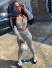 Load image into Gallery viewer, Women's Long Sleeve Crop Top and Flare Pants 2 Piece Set (Grey) IN STORES NOW !